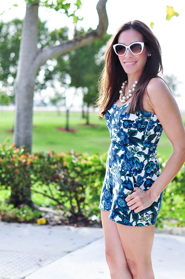Blue and white floral romper