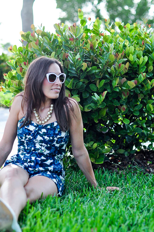 Blue and white floral romper