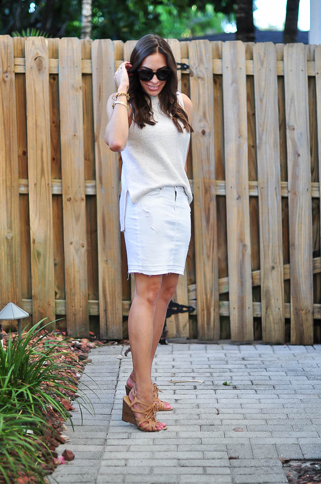 ESSENTIALS FROM LOFT in Tunic tank and white denim skirt side view