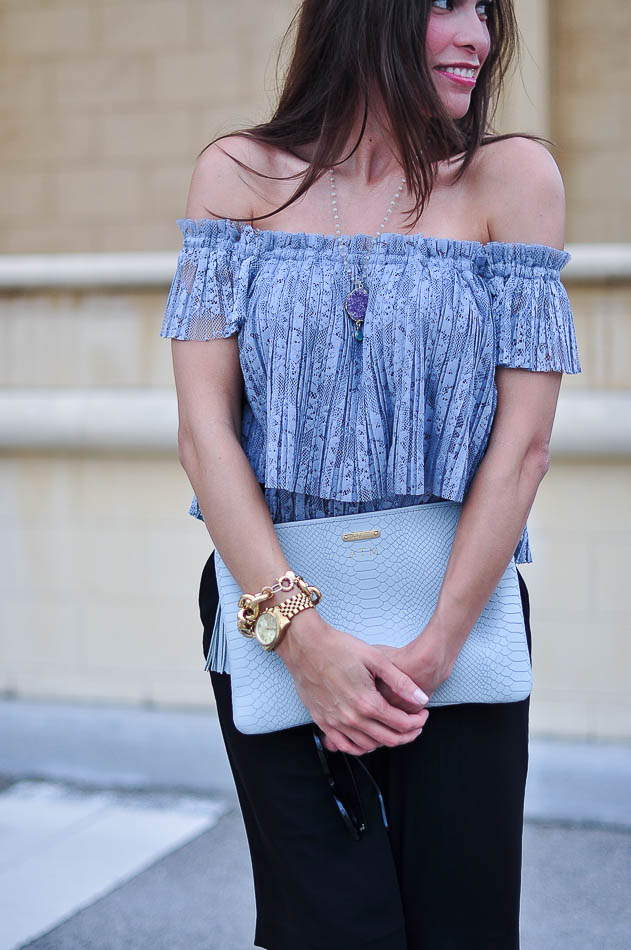 Zara lace top and Gigi New York Uber clutch