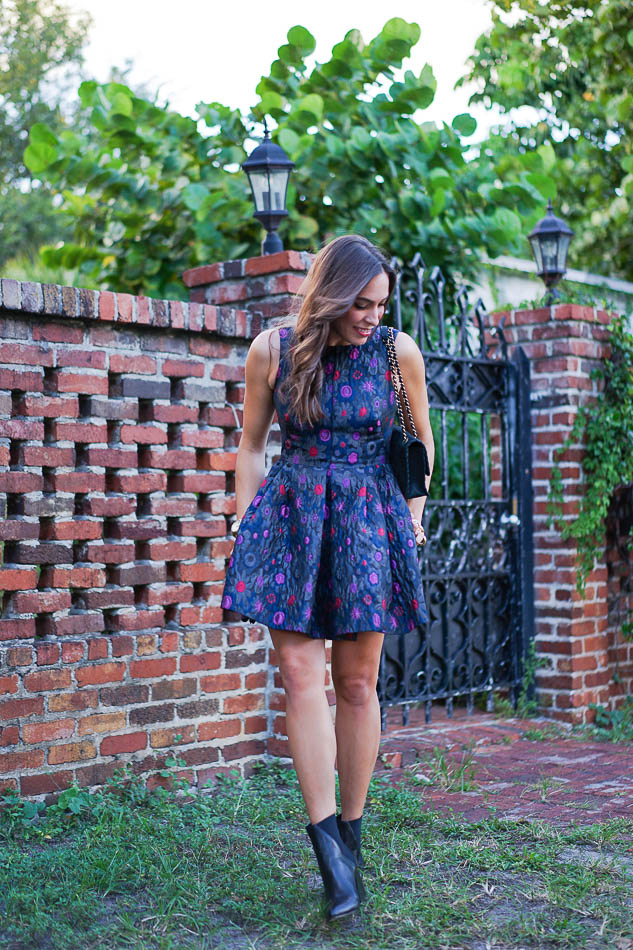 Cynthia Rowley floral dress and ASKA Collection booties