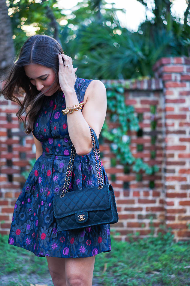 Cynthia Rowley floral dress and Chanel fashion bag