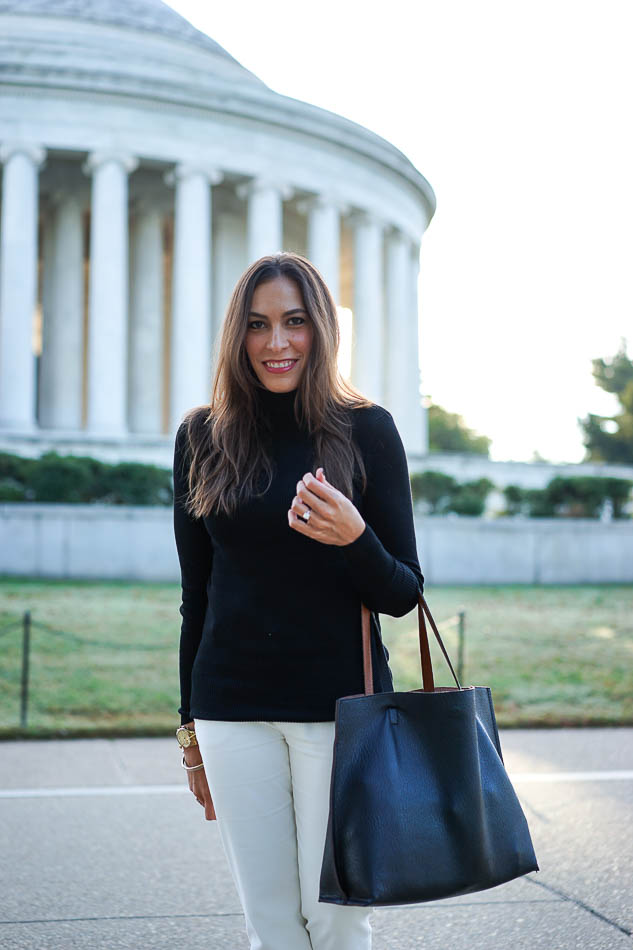 Express ribbed turtleneck and Nordstrom tote bag