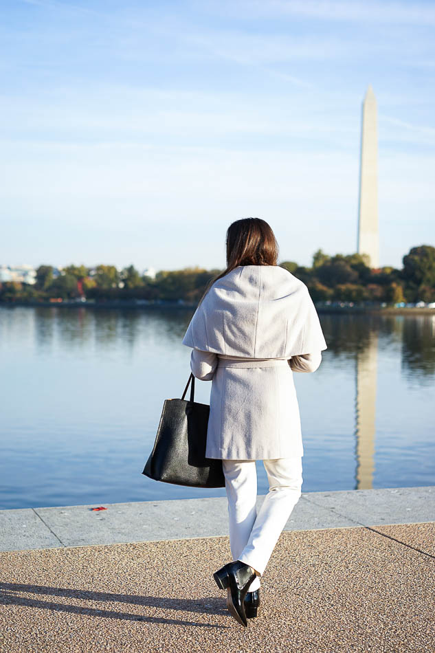 Tahari Marla wrap coat and Nordstrom tote bag