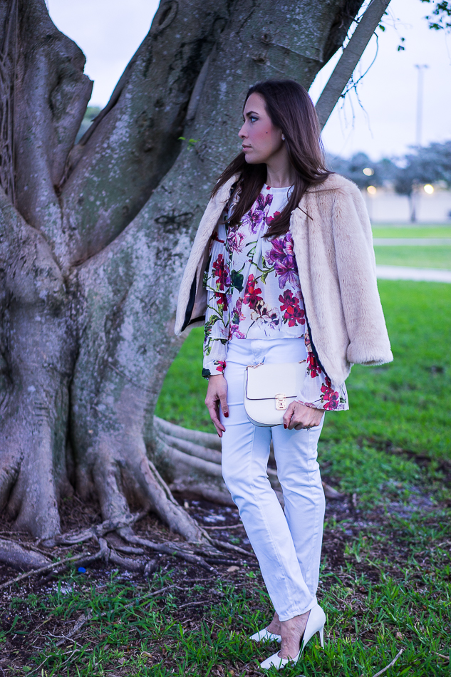 Blush faux fur jacket and Forever 21 crossbody bag