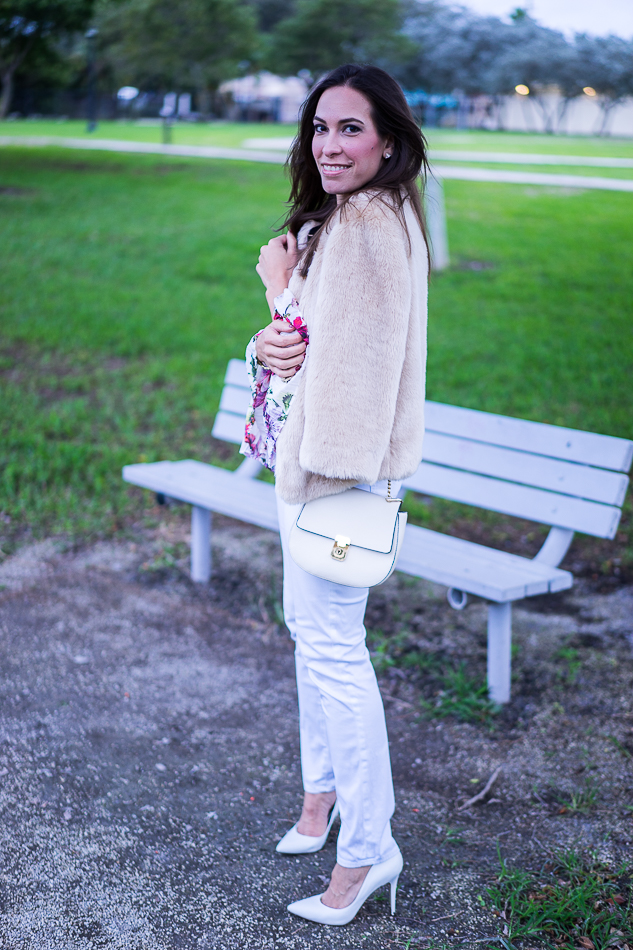 Faux fur jacket and Forever 21 crossbody bag