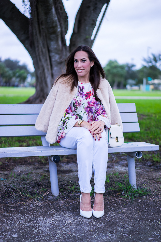 Faur fur jacket and Intermix Alberta Ruffle floral blouse