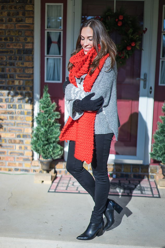 Free People Fair Isle Split Neck Sweater and red Anthropologie scarf