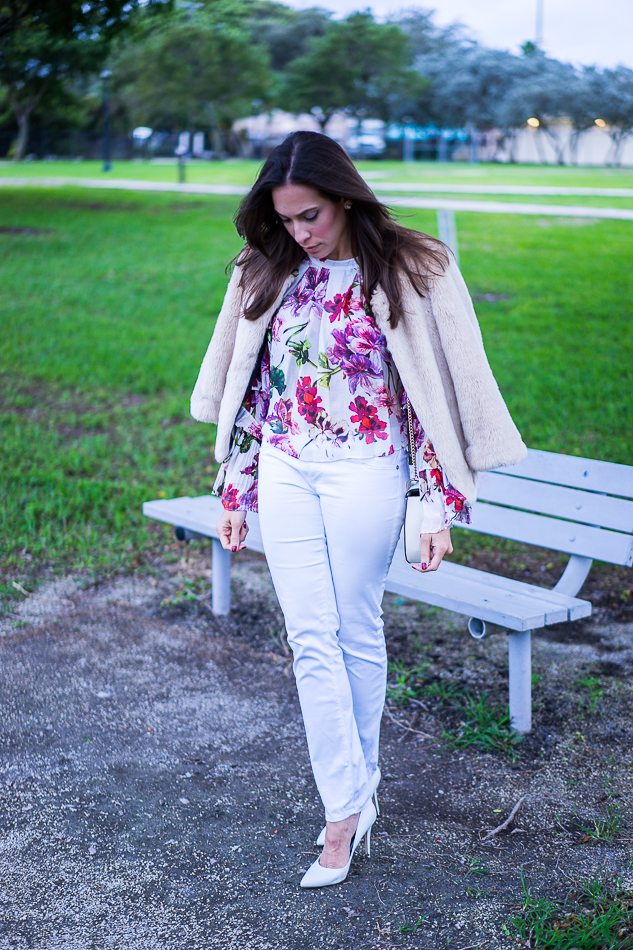 Intermix Alberta Ruffle Floral Blouse and faux fur jacket