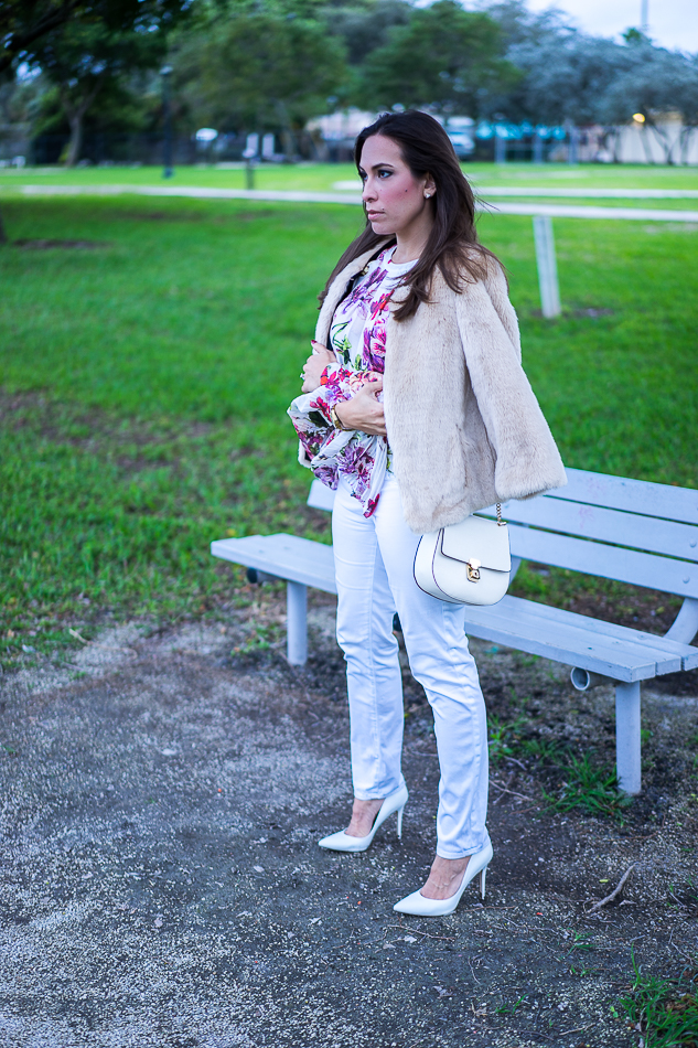 Intermix Alberta Ruffle Floral Blouse and white AG Jeans