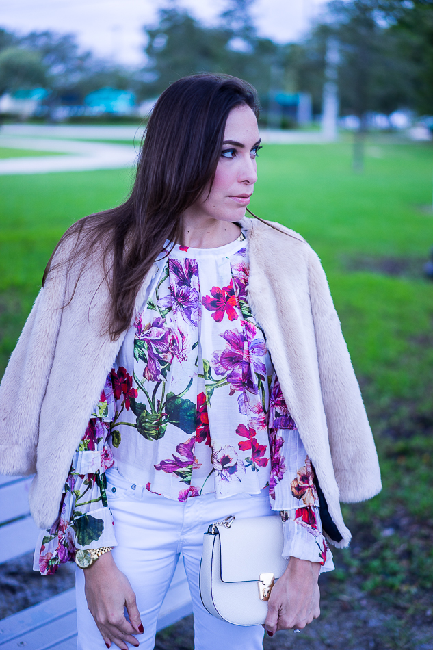 Intermix Alberta Ruffle floral blouse and blush faux fur jacket
