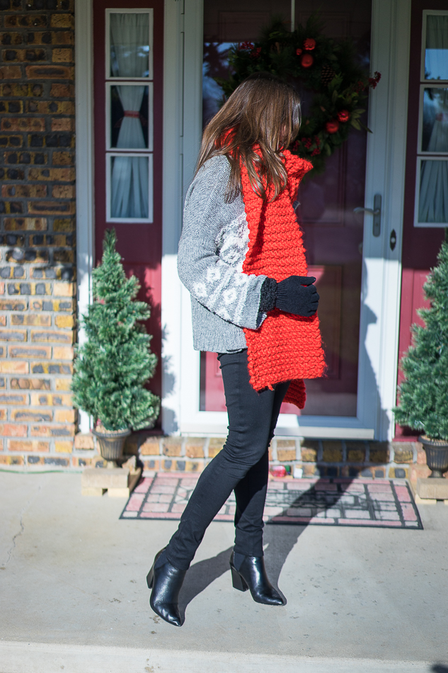 Red Snow Day Anthropologie scarf and ASKA Collection Troy boots