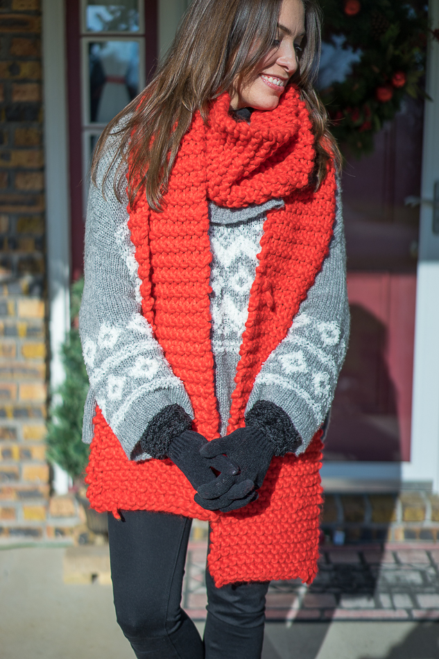 Red Snow Day Anthropologie scarf and Free People Fair Isle sweater