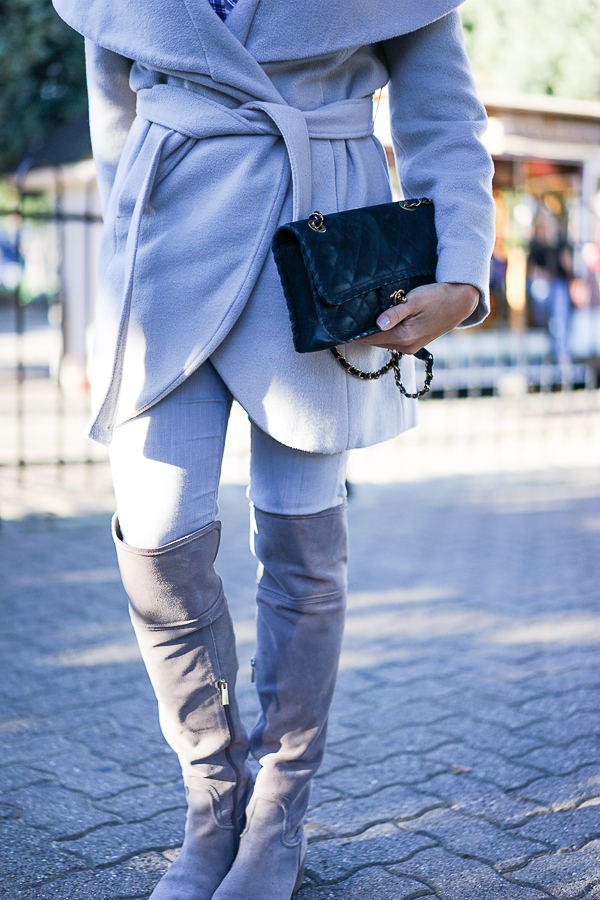 T Tahari Marla wrap coat details and Vince Camuto over the knee grey boots