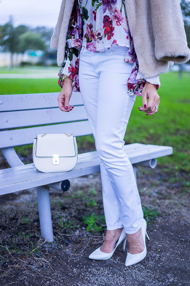 White AG jeans and Forever 21 crossbody bag