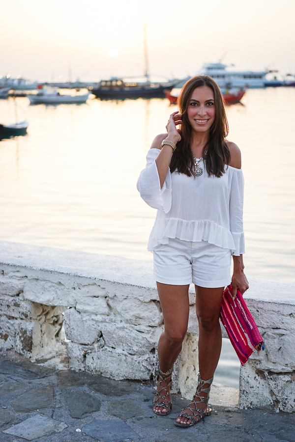 White off the shoulder top in Mykonos