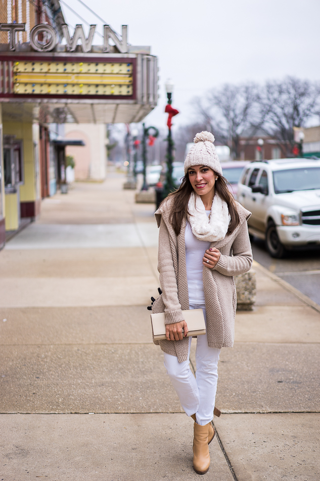 Winter neutrals Vince cardigan and cream pom pom beanie