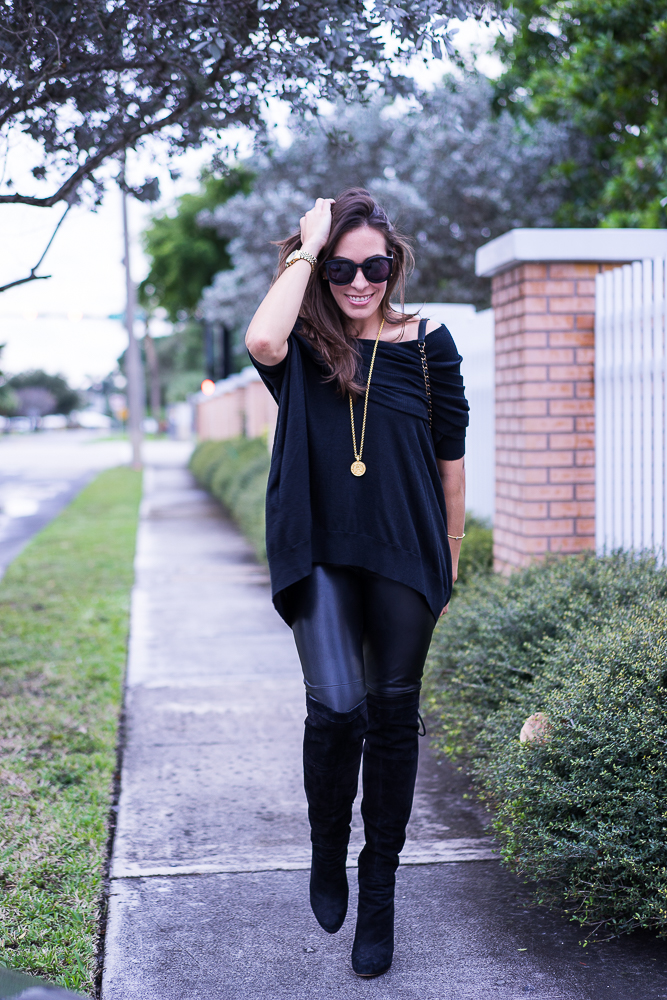 Black cashmere sweater and faux leather leggings