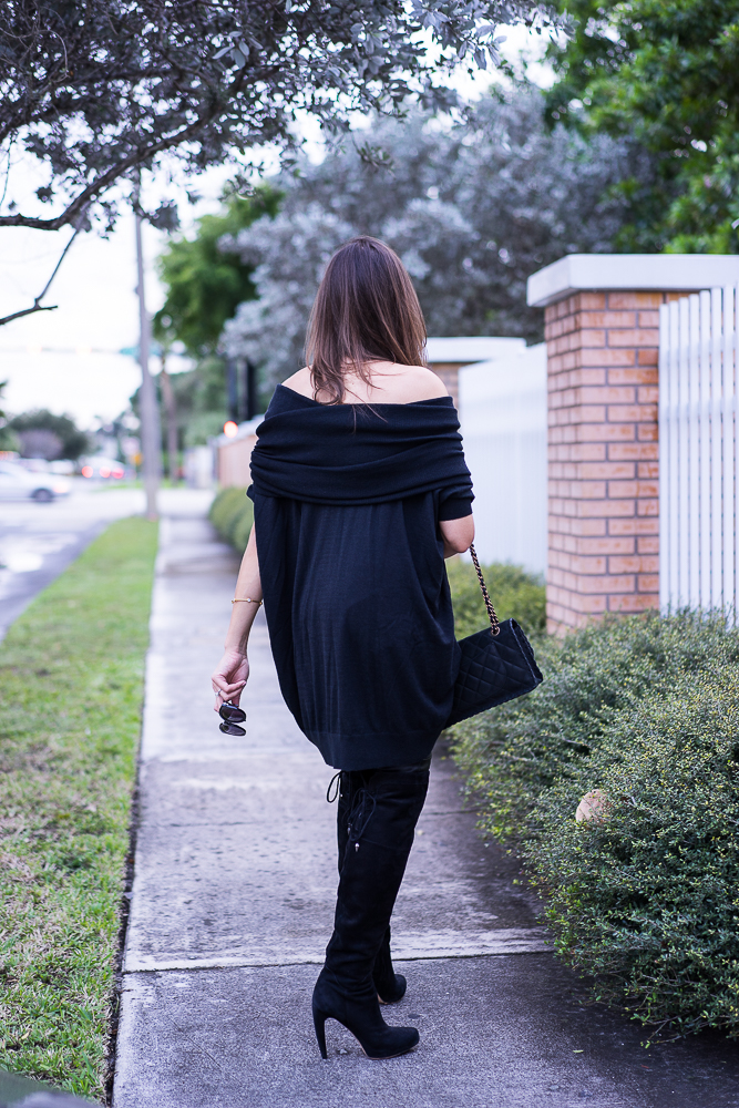 Black cashmere sweater and suede over the knee boots