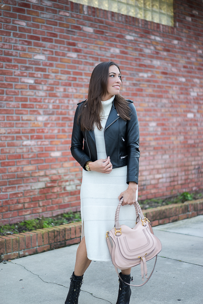 Maje leather moto jacket and Anthropologie sweater dress