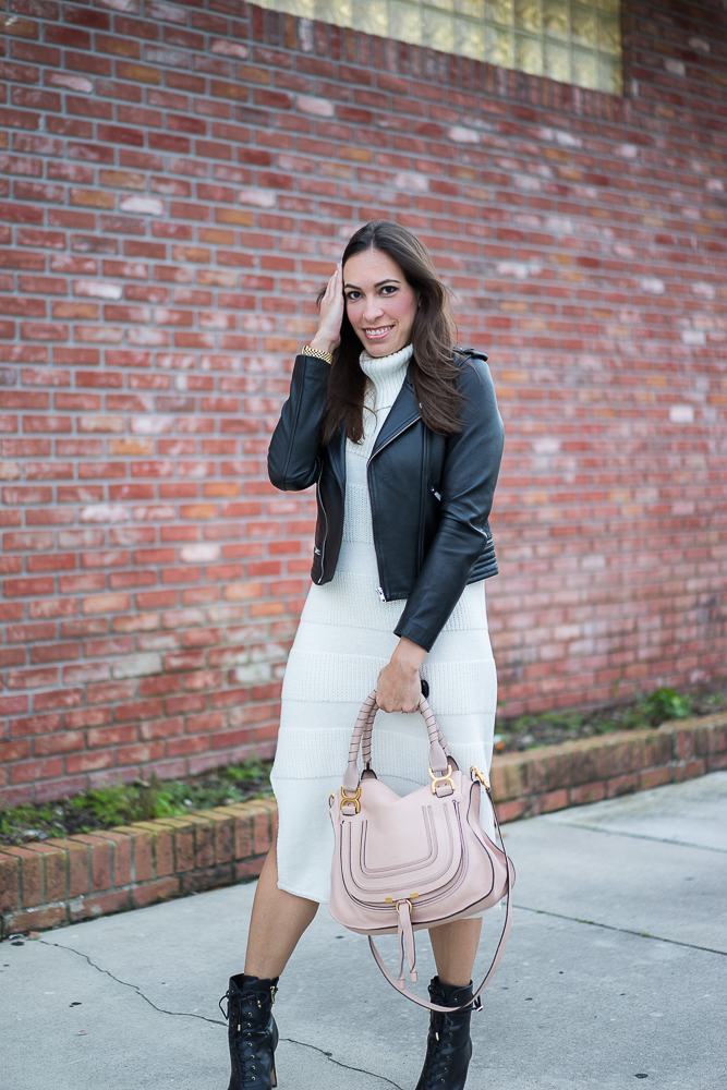 Maje leather moto jacket and Anthropologie sweater dress