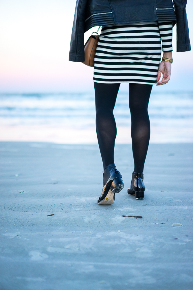 Topshop striped dress and French Connection Ronan patent leather booties