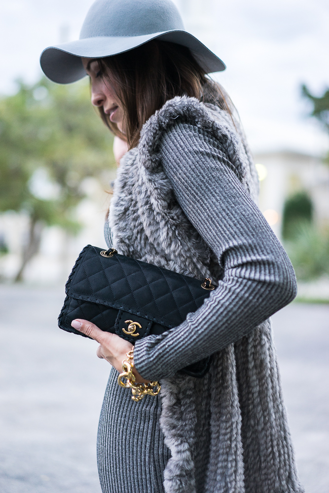Chanel classic bag and grey fur vest
