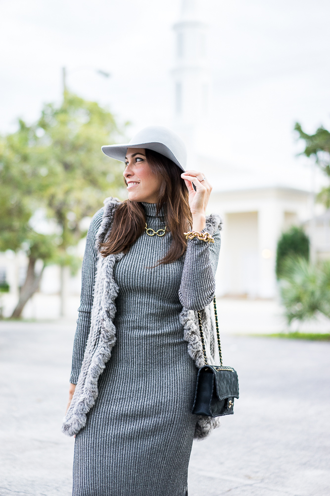 French Connection Ribbed sweaterdress and H&M hat