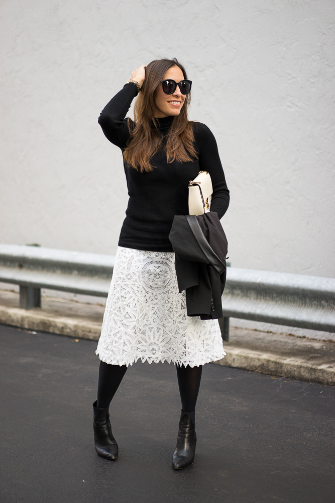 White lace skirt and Express black ribbed turtleneck sweater
