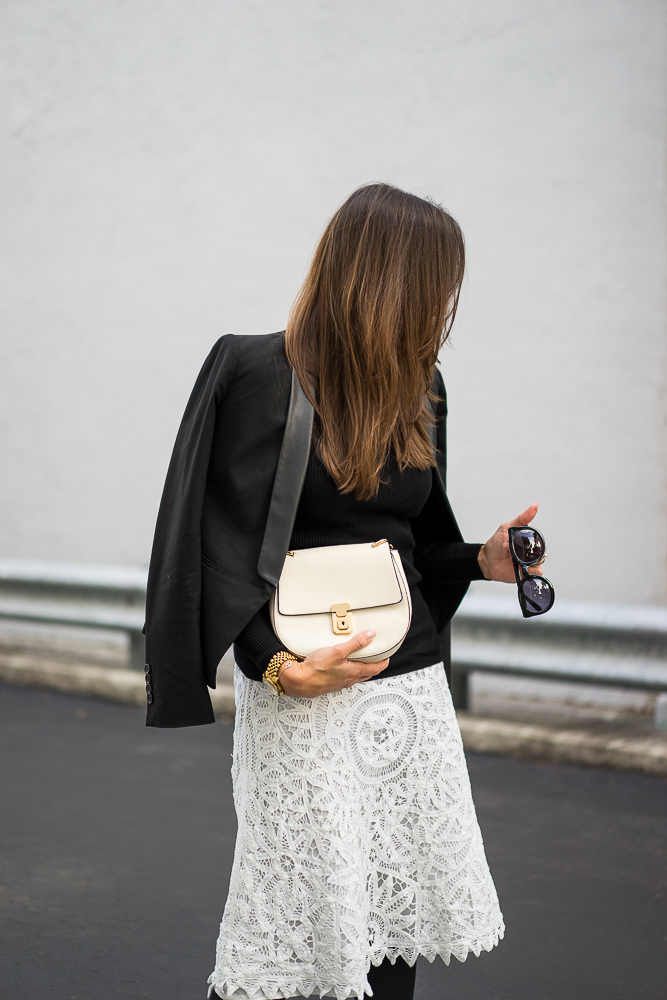 White lace skirt and Forever 21 crossbody bag