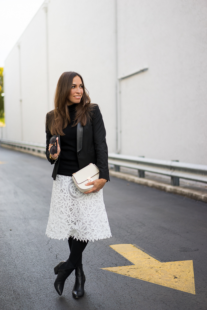 White lace skirt and leather trim Tuxedo blazer