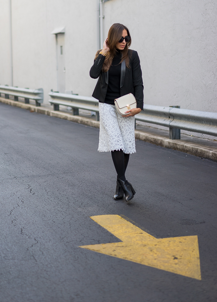 White lace skirt and tuxedo blazer