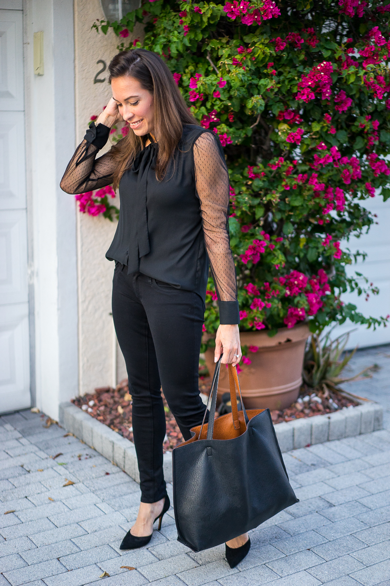Ann Taylor Swiss Dot black sheer blouse and Nordstrom reversible tote bag