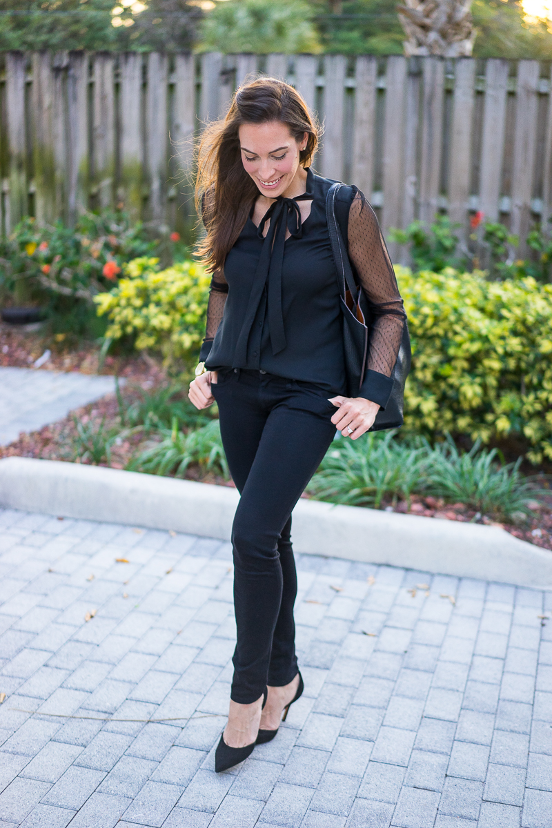 Ann Taylor Swiss Dot black sheer blouse and Vince D'Orsay Pumps