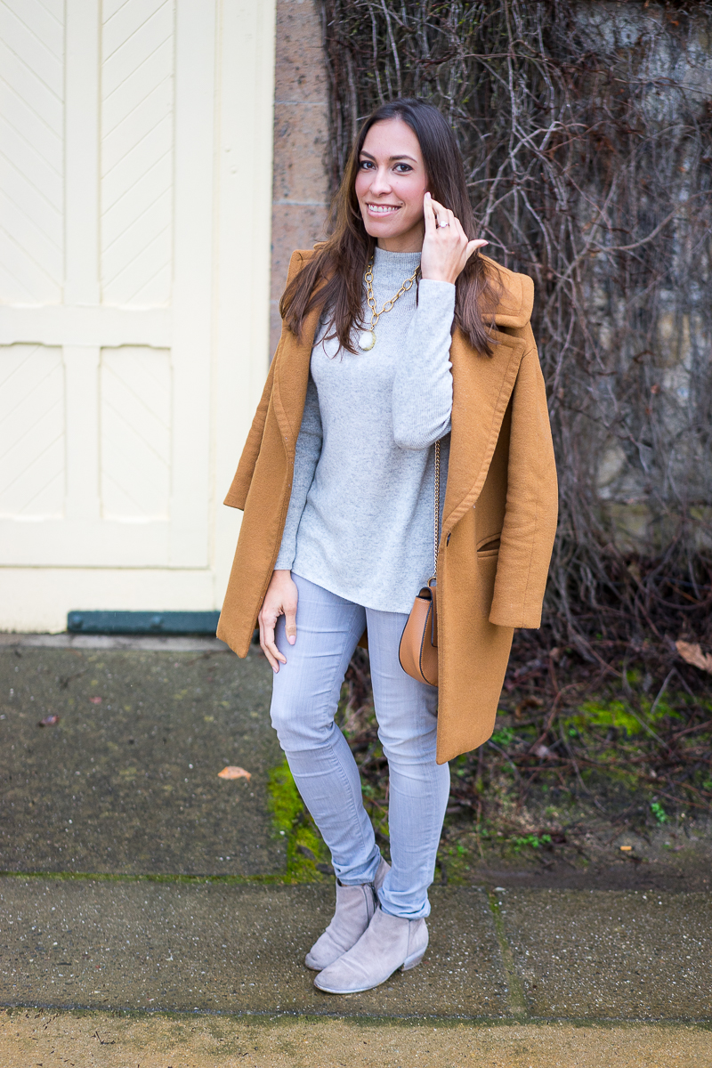 Joie grey cashmere sweater and Zara camel coat