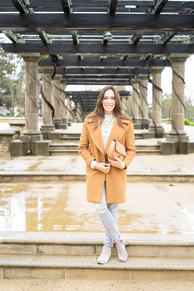 Joie grey cashmere sweater and Zara wide lapel camel coat