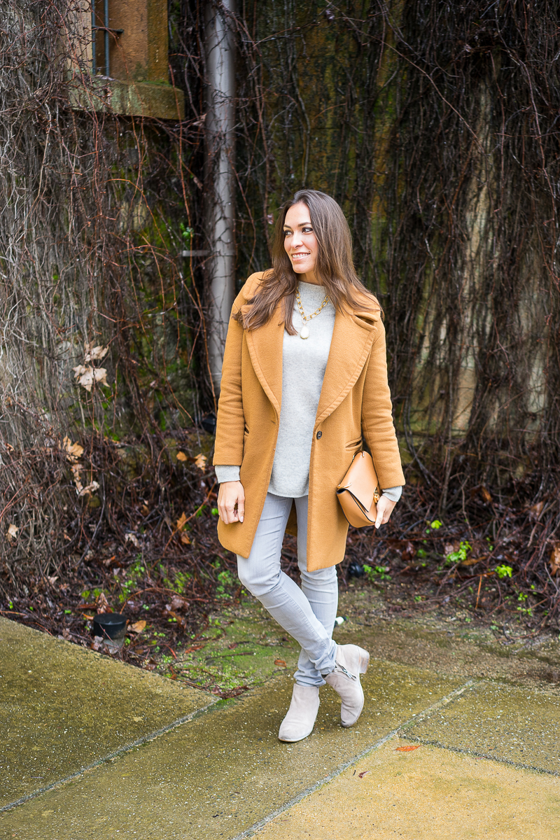 Joie grey cashmere sweater and camel coat 2