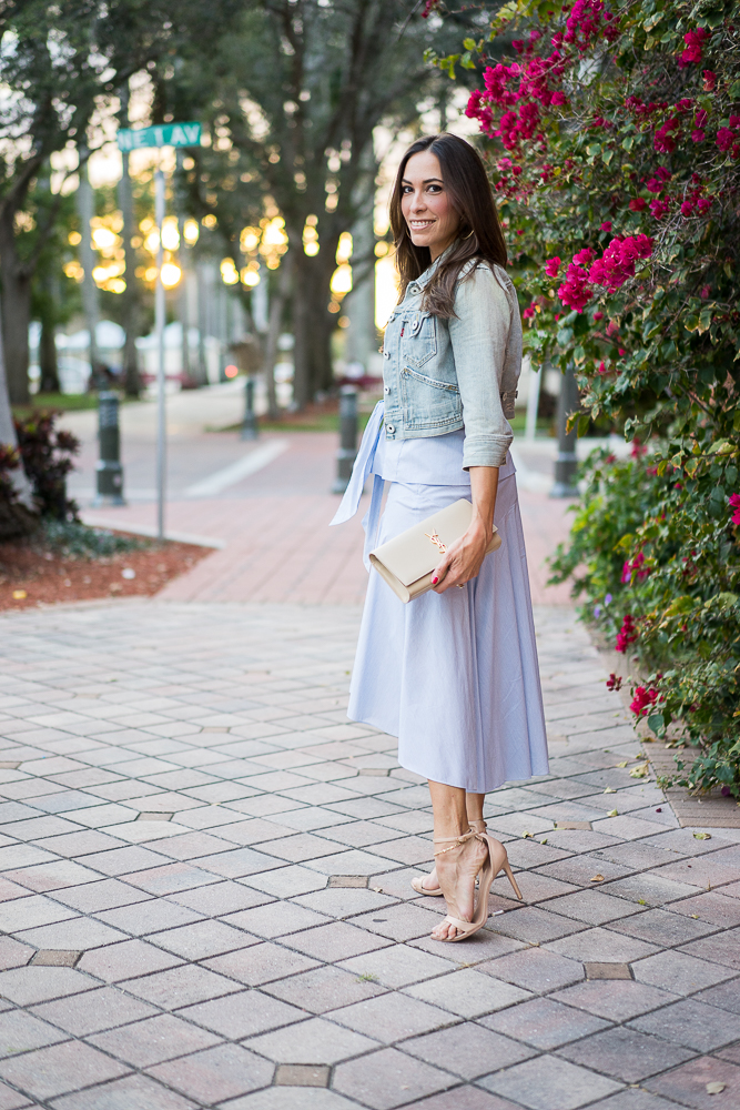 Olivia Palermo x Chelsea28 poplin midi skirt and YSL monogram clutch-2