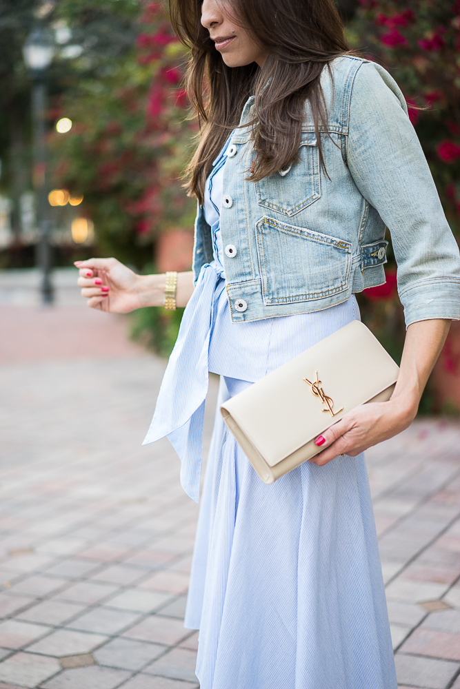 Olivia Palermo x Chelsea28 poplin midi skirt and YSL monogram clutch