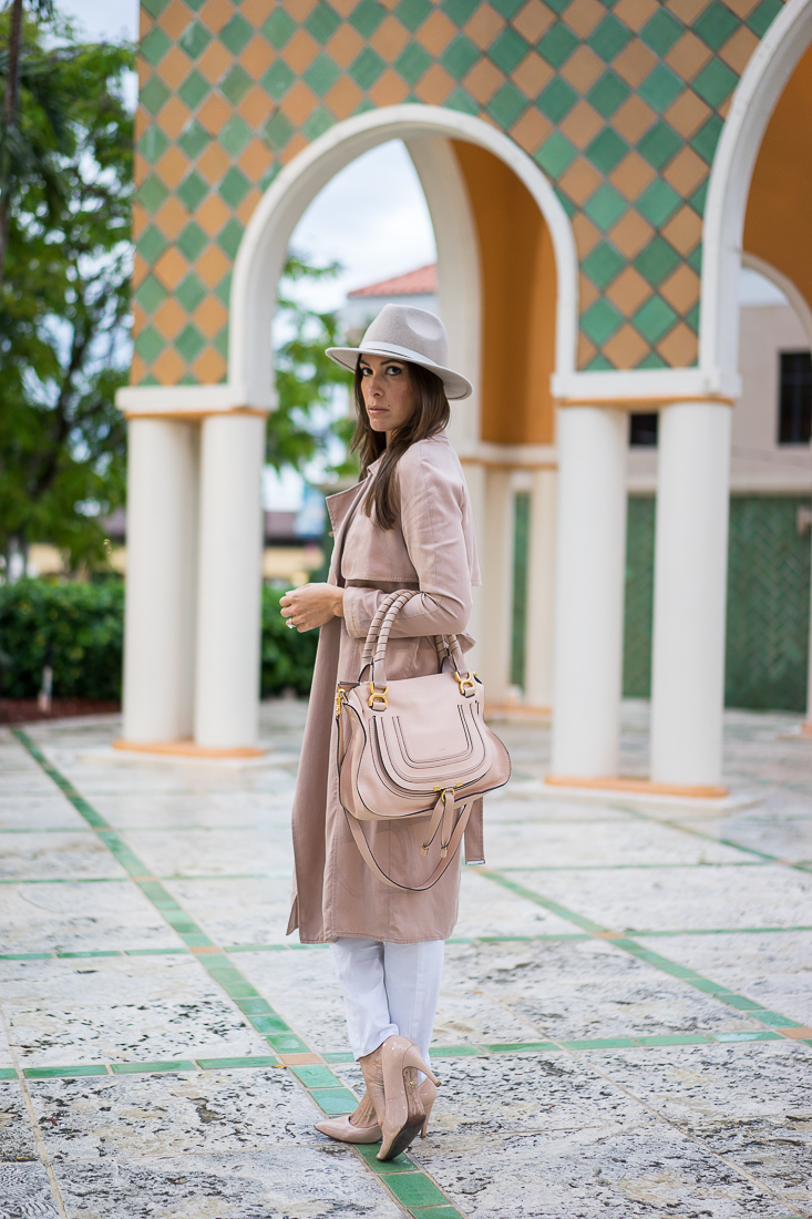 A Glam Lifestyle Blogger Amanda Champion showing her River Island blush trench coat and Chloe Marcie bag