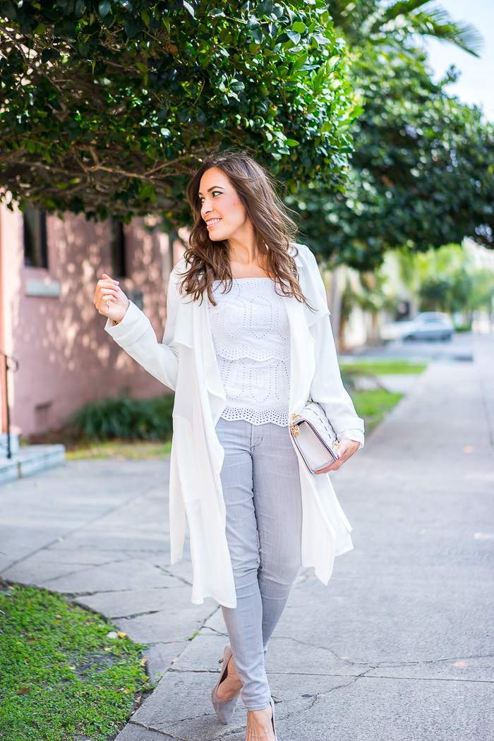 Adrianna Papell White Trench Coat and Bailey 44 off the shoulder Racketer top-3