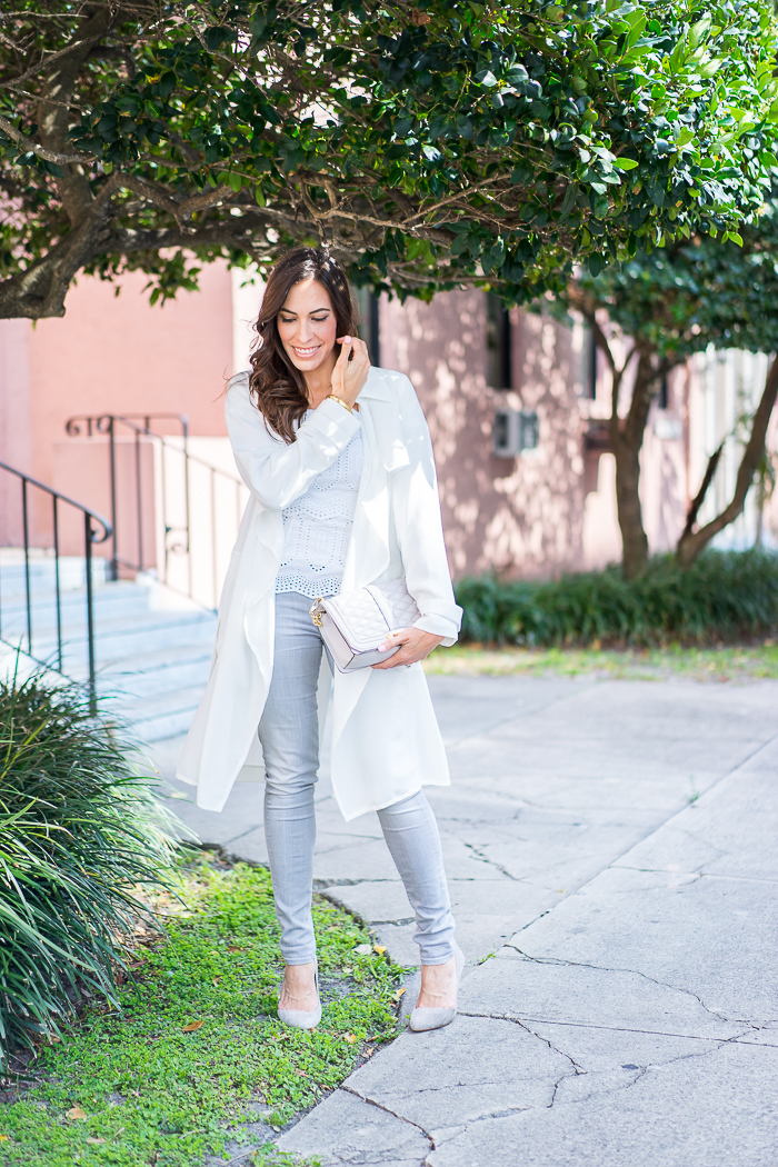Adrianna Papell White Trench Coat and Bailey 44 off the shoulder Racketer top-4