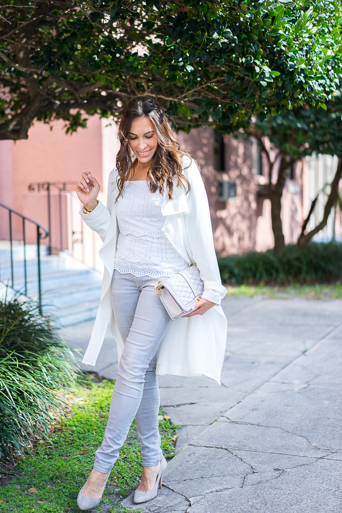 Adrianna Papell White Trench Coat and Bailey 44 off the shoulder Racketer top-5