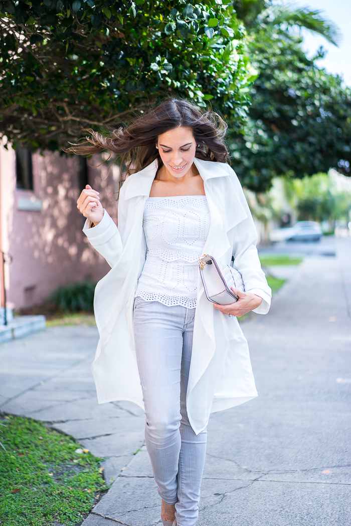 Adrianna Papell White Trench Coat and Bailey 44 off the shoulder Racketer top-2