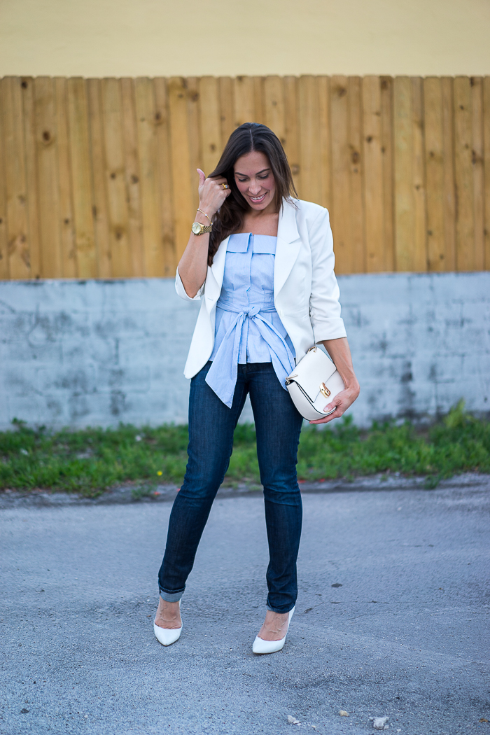 A Glam Lifestyle Blogger Amanda Champion wearing Olivia Palermo x Chelsea28 Striped Bustier Top