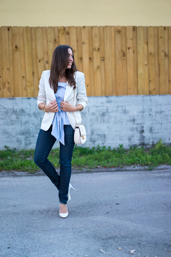 White Blazer and Olivia Palermo x Chelsea28 Striped Bustier Top