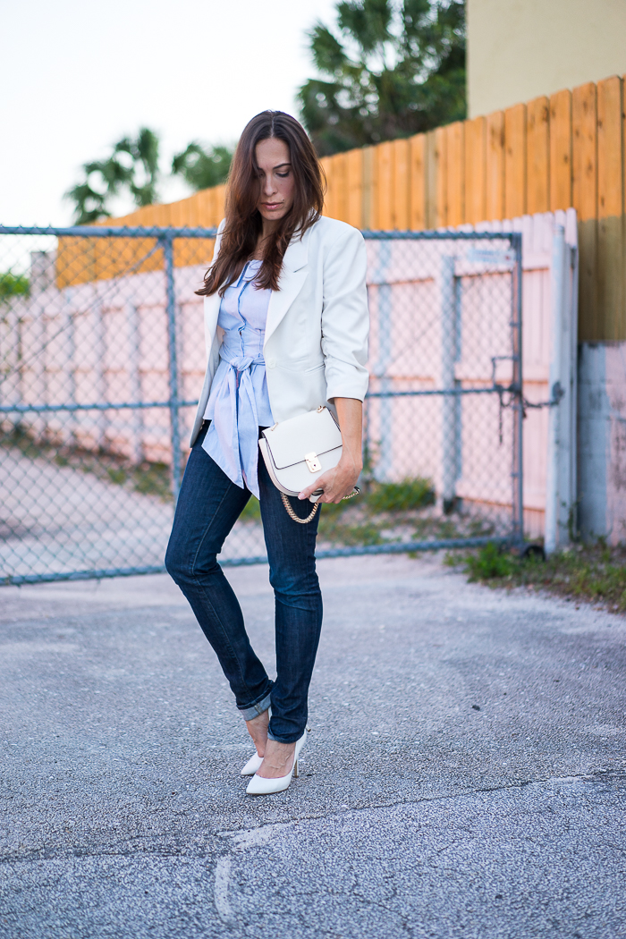 White Blazer and Olivia Palermo x Chelsea28 Striped Bustier Top