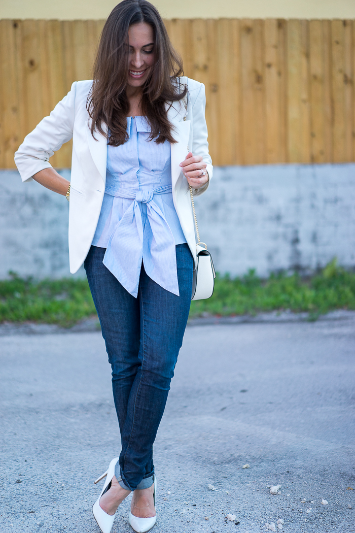 White Blazer and Olivia Palermo x Chelsea28 Striped Bustier Top