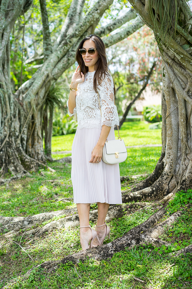 White lace bell sleeve top and blush pleated skirt-3