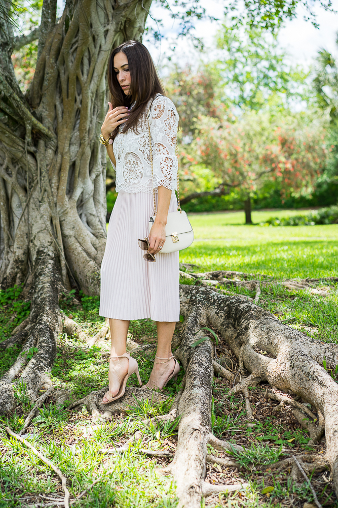 White lace bell sleeve top and blush pleated skirt-4